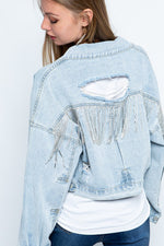 Load image into Gallery viewer, Rhinestone Fringe Distressed Denim Jacket
