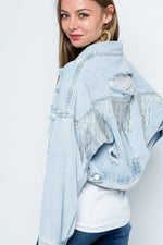 Load image into Gallery viewer, Rhinestone Fringe Distressed Denim Jacket
