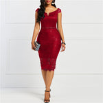 Load image into Gallery viewer, Lace Off Shoulder Pencil Knee Dress
