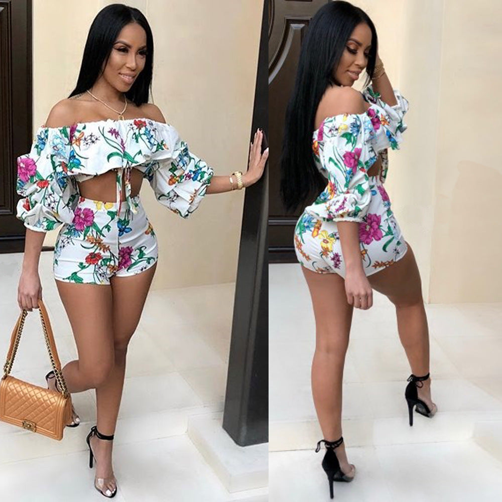 Floral Pile Sleeves Two-piece Shorts Set