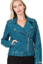 Load image into Gallery viewer, Vegan Leather Belted Moto Jacket
