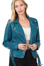 Load image into Gallery viewer, Vegan Leather Belted Moto Jacket
