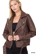 Load image into Gallery viewer, Vegan Leather Belted Moto Jacket
