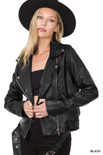 Load image into Gallery viewer, Vegan Leather Belted Moto Jacket
