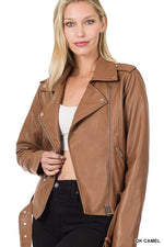 Load image into Gallery viewer, Vegan Leather Belted Moto Jacket
