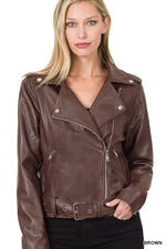 Load image into Gallery viewer, Vegan Leather Belted Moto Jacket
