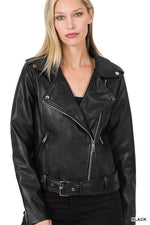 Load image into Gallery viewer, Vegan Leather Belted Moto Jacket
