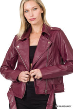 Load image into Gallery viewer, Vegan Leather Belted Moto Jacket
