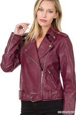 Load image into Gallery viewer, Vegan Leather Belted Moto Jacket
