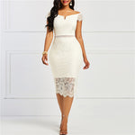 Load image into Gallery viewer, Lace Off Shoulder Pencil Knee Dress
