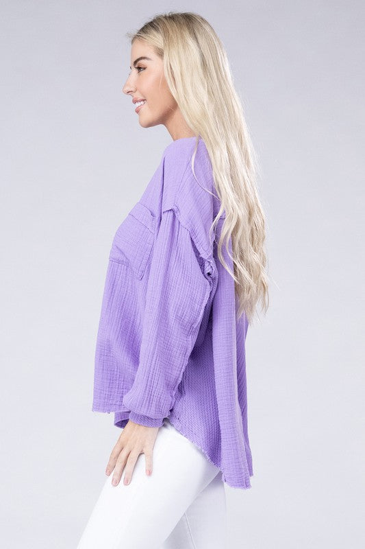 Double Gauze Oversized 3/4 Button Henley Neck Top