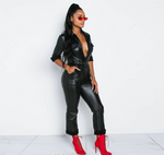 Load image into Gallery viewer, Black Pleather Biker Skinny Long Jumpsuit
