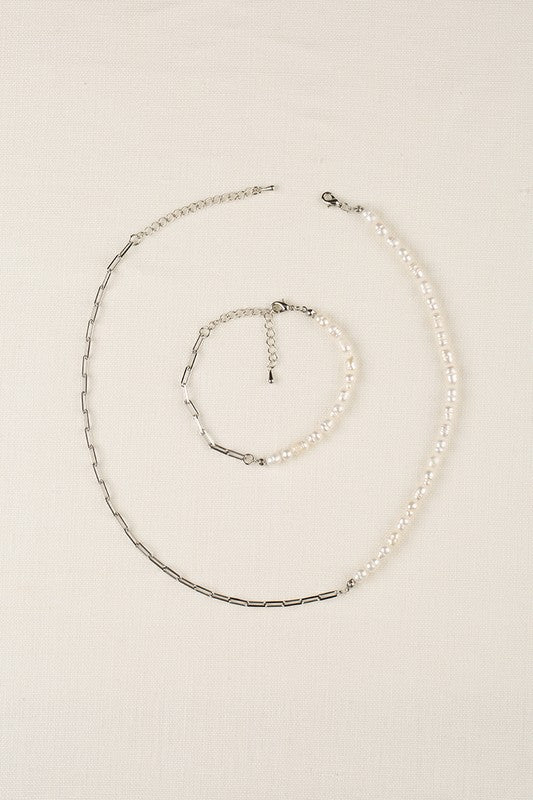 Nola Silver Chain Pearl Bracelet and Necklace Set