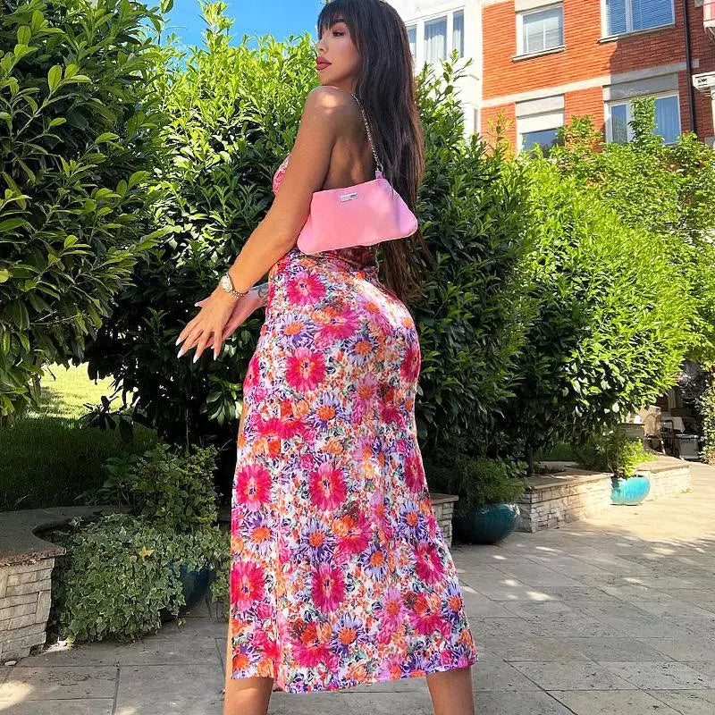 Aliya Pink Floral High Slit Dress