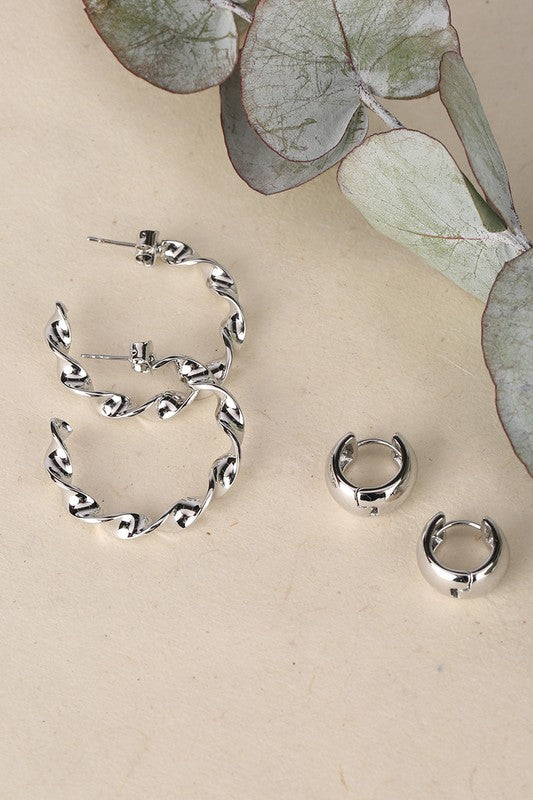 Zola Bold Twisted Silver Hoop Earring Set