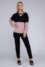 Load image into Gallery viewer, Lace Up V Neck Long Sleeve Top
