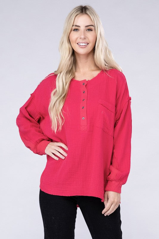 Double Gauze Oversized 3/4 Button Henley Neck Top