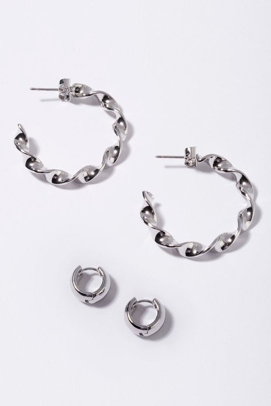 Zola Bold Twisted Silver Hoop Earring Set