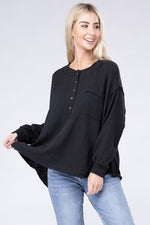 Load image into Gallery viewer, Double Gauze Oversized 3/4 Button Henley Neck Top
