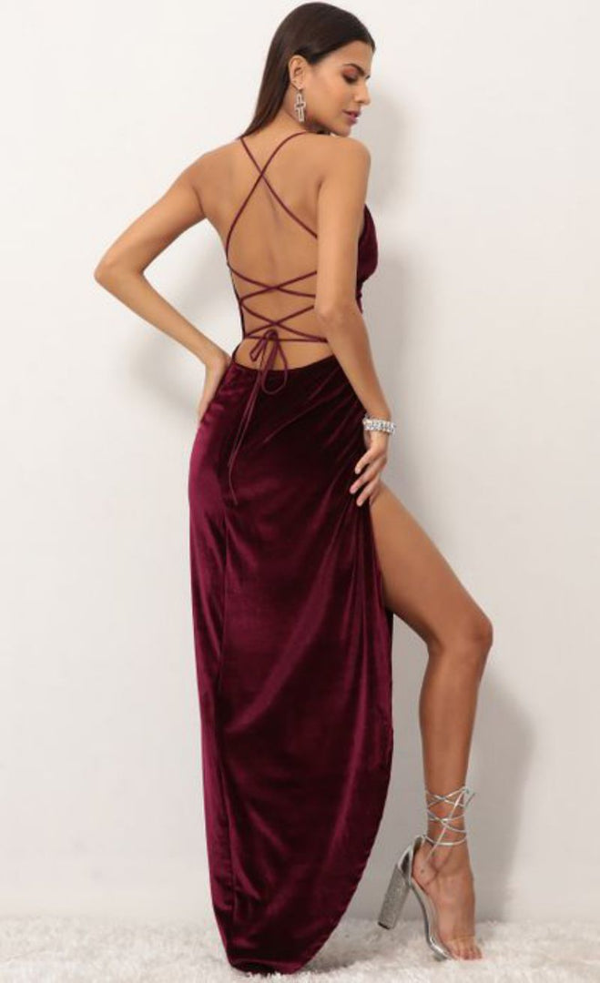 Jolie High Slit Lace-up Velvet Dress