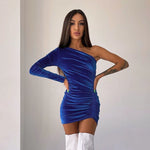 Load image into Gallery viewer, Cora Shimmery Velvet Asymmetric One-Shoulder Dress
