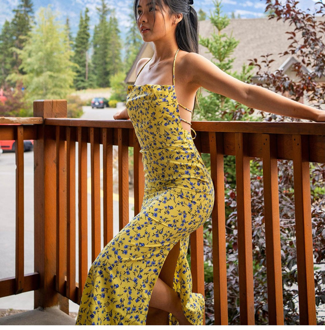 Aubrey Yellow Long Slit Floral Dress