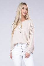 Load image into Gallery viewer, Double Gauze Oversized 3/4 Button Henley Neck Top
