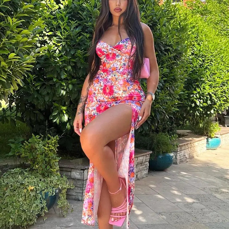 Aliya Pink Floral High Slit Dress