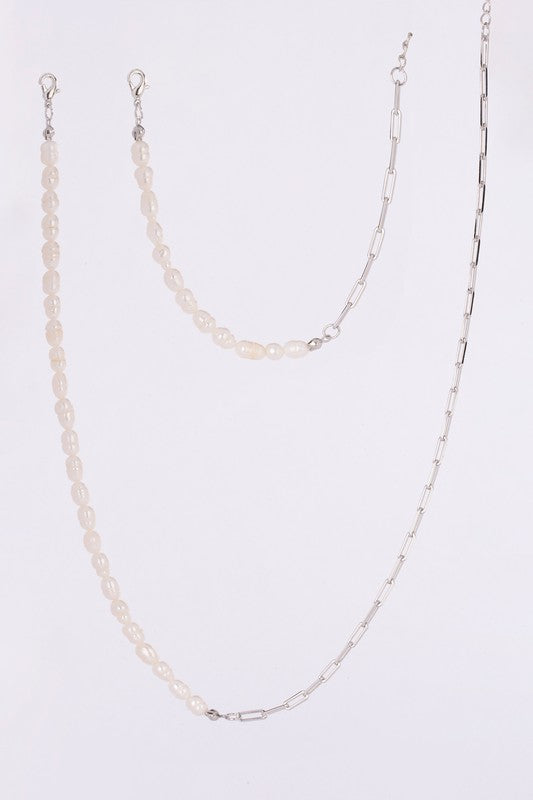 Nola Silver Chain Pearl Bracelet and Necklace Set