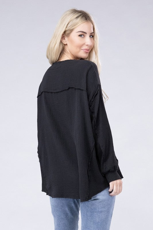 Double Gauze Oversized 3/4 Button Henley Neck Top