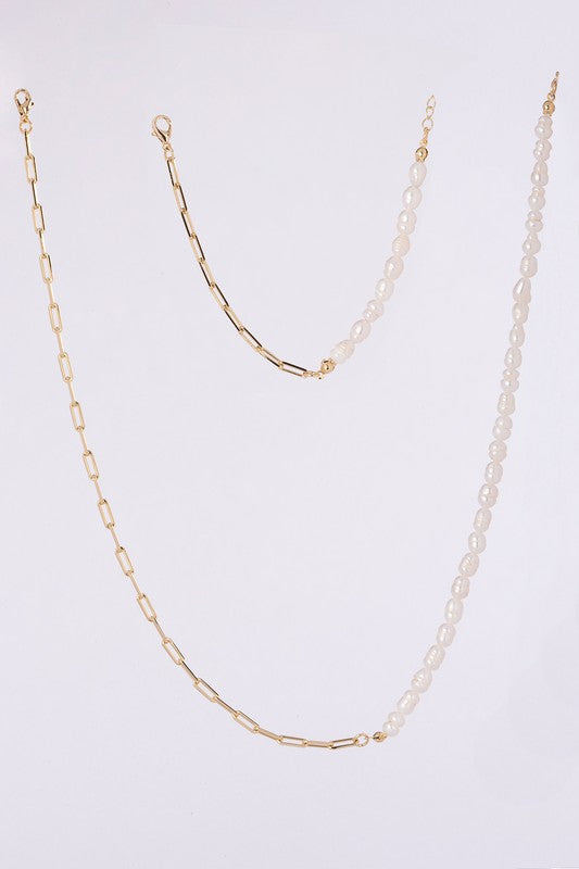 Nola Gold Chain Pearl Bracelet and Necklace Set