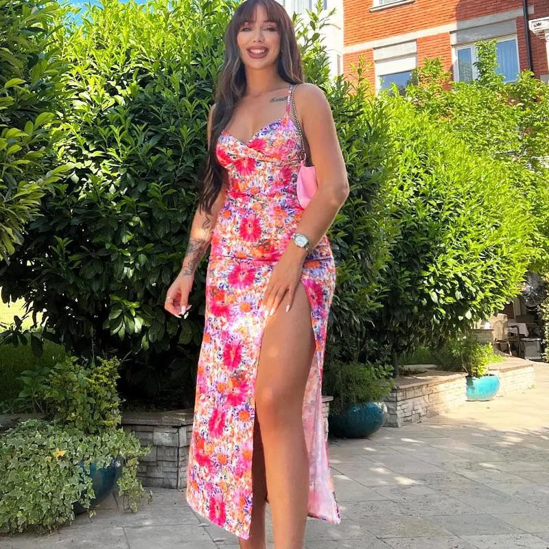 Aliya Pink Floral High Slit Dress