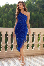 Load image into Gallery viewer, Sequin Asymmetrical Fringe Hem One-Shoulder Dress
