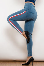 Load image into Gallery viewer, Side Stripe Contrast Buttoned Skinny Jeans
