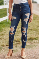 Load image into Gallery viewer, Nika Distressed Button Fly Raw Hem Jeans
