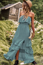 Load image into Gallery viewer, Polka Dot Strapless Slit Ruffled Maxi Dress
