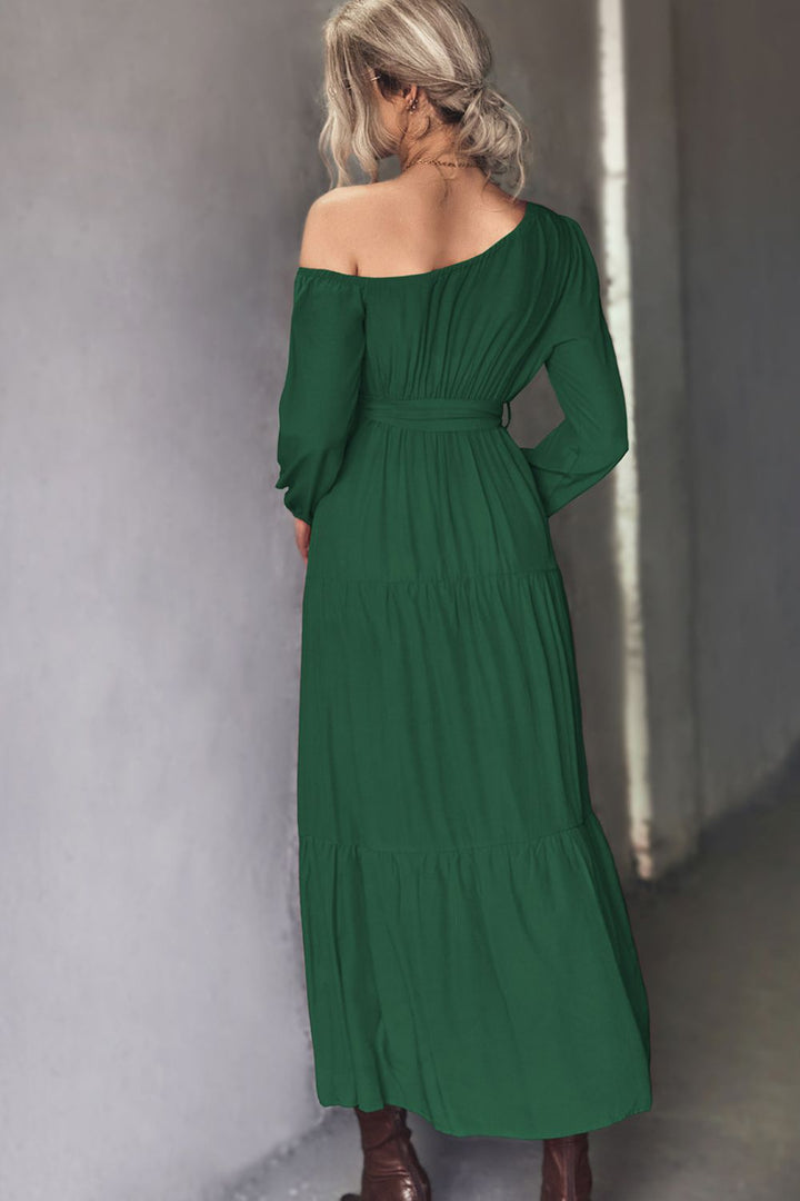 Belted One-Shoulder Tiered Maxi Dress