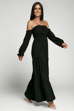 Load image into Gallery viewer, Off-Shoulder Smocked Split Tiered Maxi Dress
