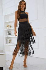 Load image into Gallery viewer, Spliced Mesh Fringe Hem Sleeveless Dress
