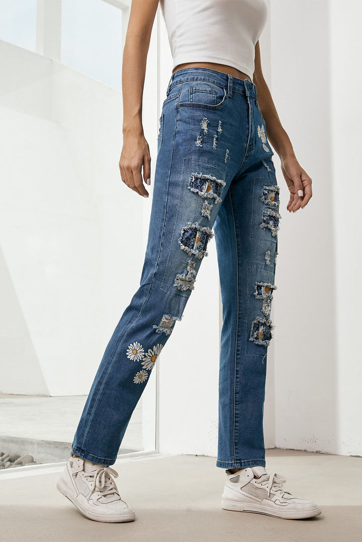 Nika Printed Patch Distressed Boyfriend Jeans