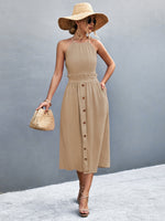 Load image into Gallery viewer, Buttoned Halter Neck Frill Trim Midi Dress
