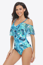 Load image into Gallery viewer, Botanical Print Cold-Shoulder Layered One-Piece Swimsuit
