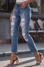 Load image into Gallery viewer, Nika Printed Patch Distressed Boyfriend Jeans
