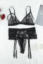 Load image into Gallery viewer, Strappy Three-Piece Lace Lingerie Set
