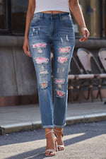 Load image into Gallery viewer, Nika Printed Patch Distressed Boyfriend Jeans
