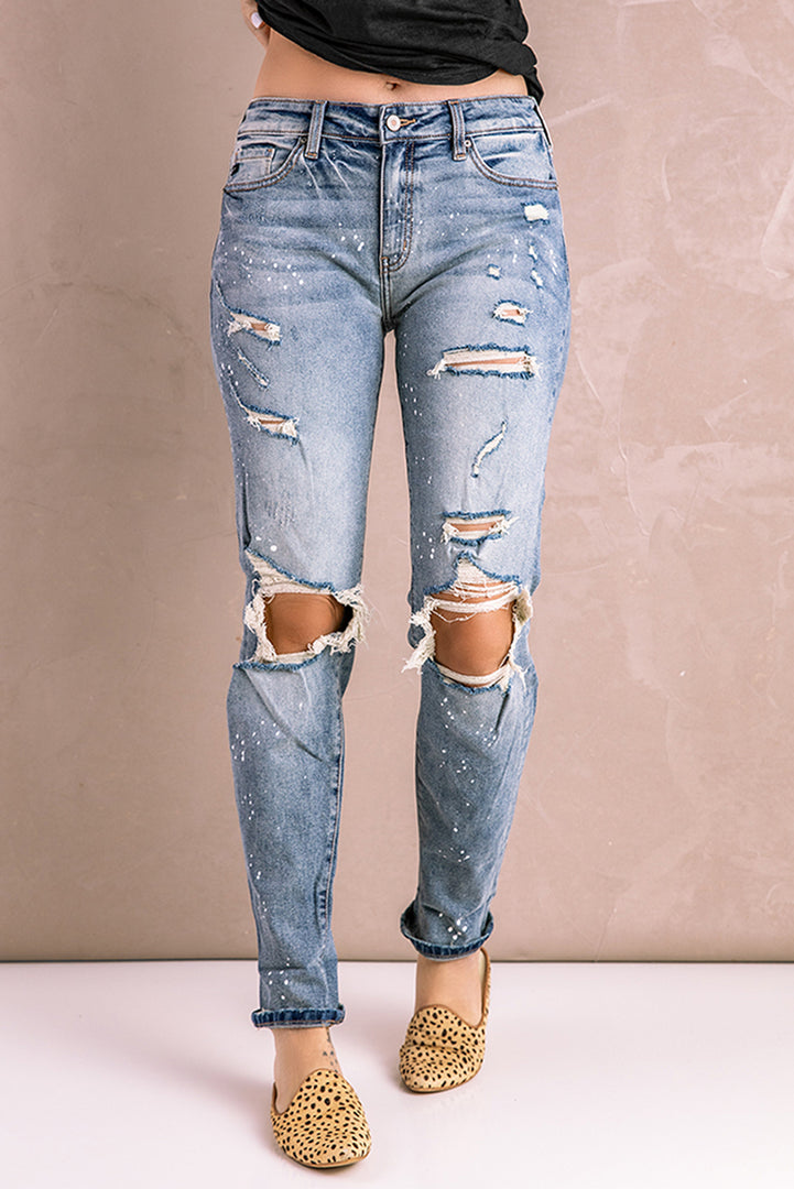 Nika Splatter Distressed Acid Wash Jeans with Pockets