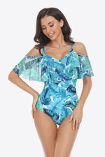 Load image into Gallery viewer, Botanical Print Cold-Shoulder Layered One-Piece Swimsuit
