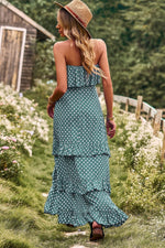 Load image into Gallery viewer, Polka Dot Strapless Slit Ruffled Maxi Dress
