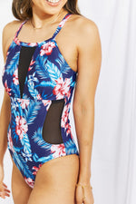 Load image into Gallery viewer, Floral Crisscross Spliced Mesh One-Piece Swimsuit
