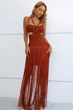 Load image into Gallery viewer, Cutout Strappy Neck Fringe Dress
